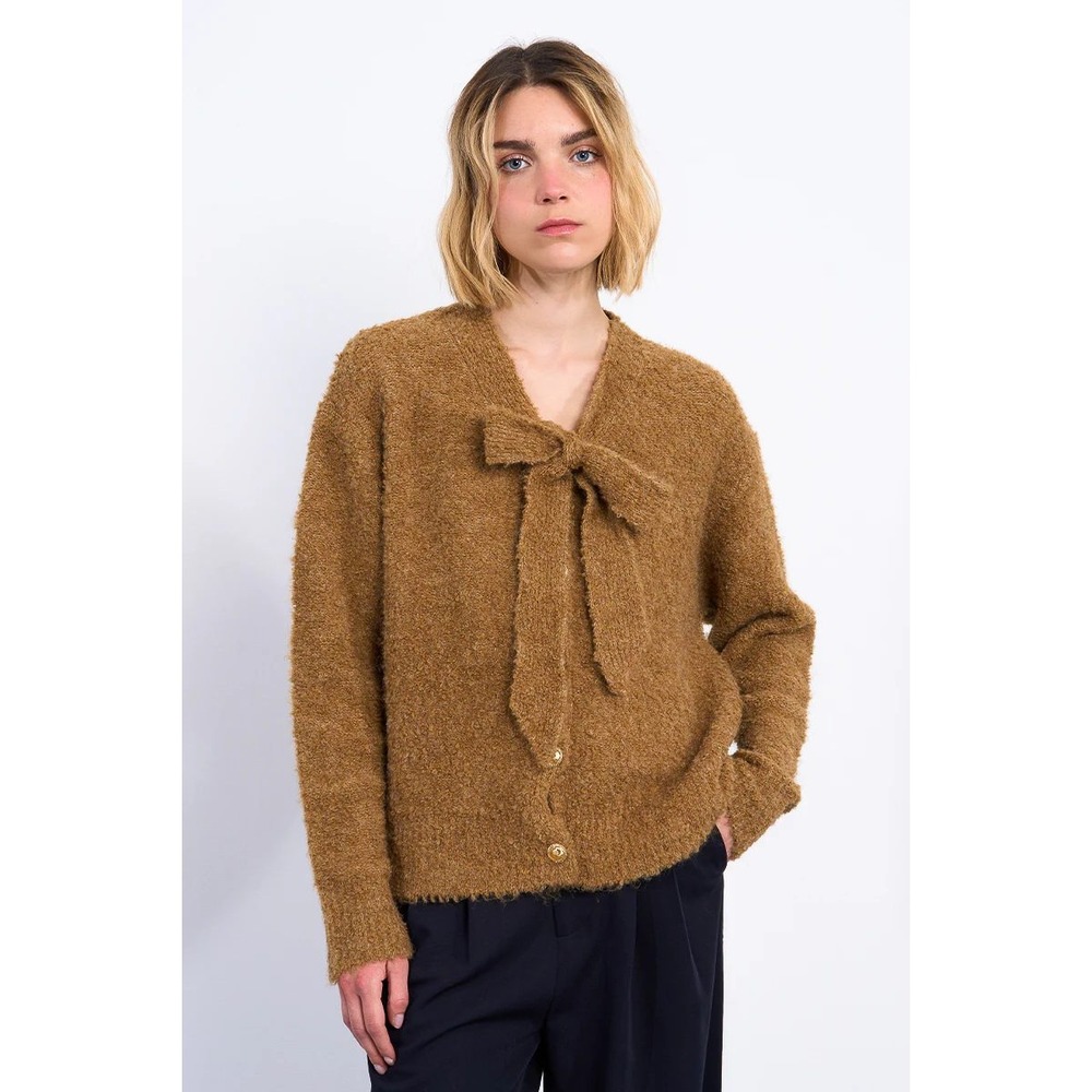 Molly Bracken Women's Camel V-Neck Tie Knitted Cardigan with Gold Buttons Small